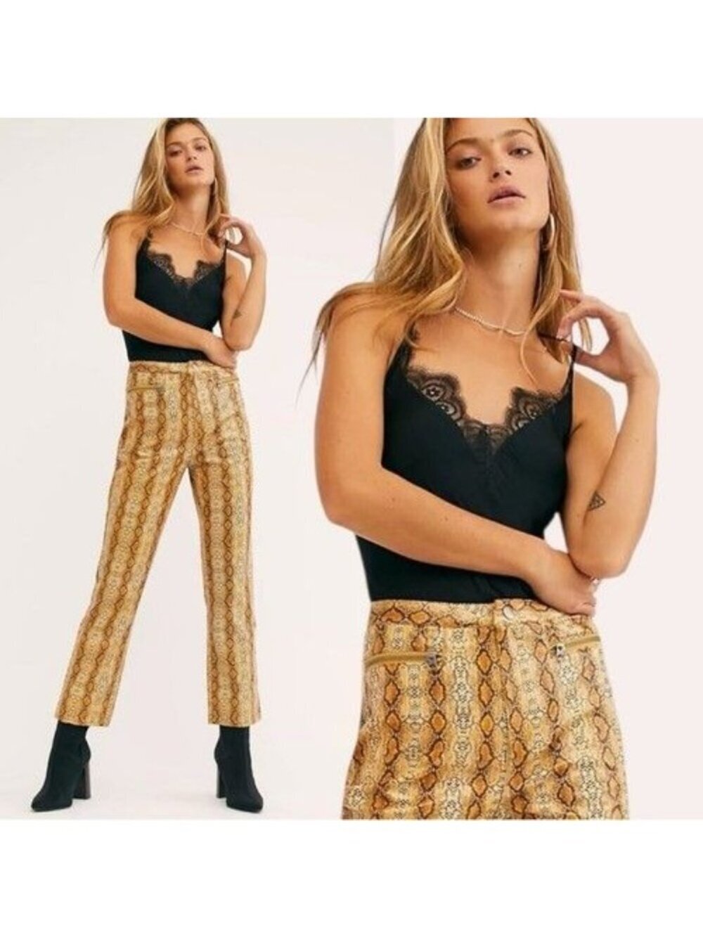 Free People Wild Horses Vegan Pants Womens Size 12 Yellow Snakeskin Boho Western